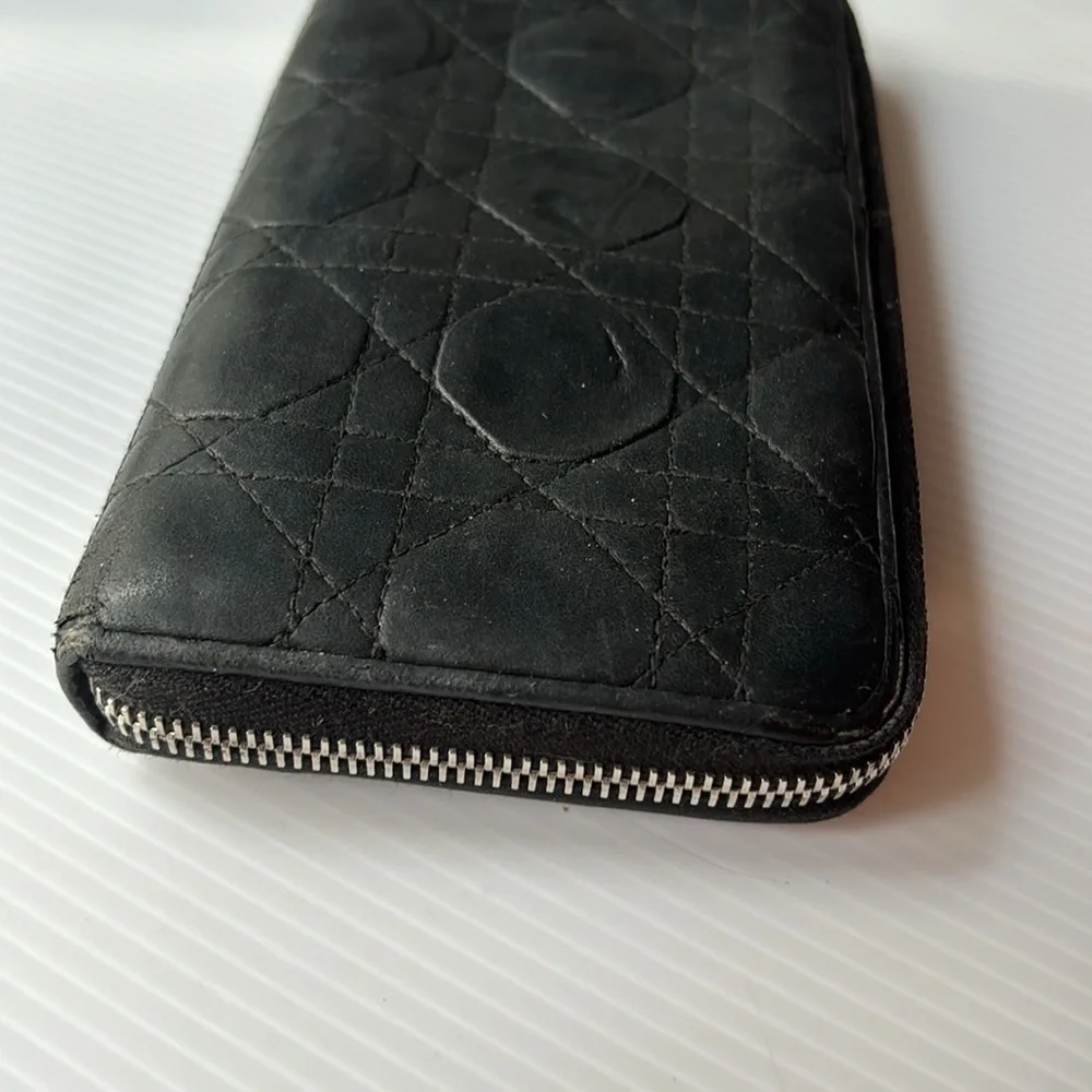Lady Dior Voyageur Cannage Black Quilted Leather Zip Around Wallet w/ Logo charm